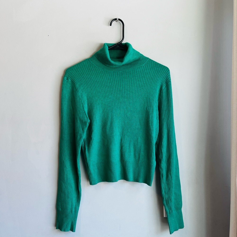Women’s J. Crew Ribbed Green Turtleneck Sweater Cotton Silk Small